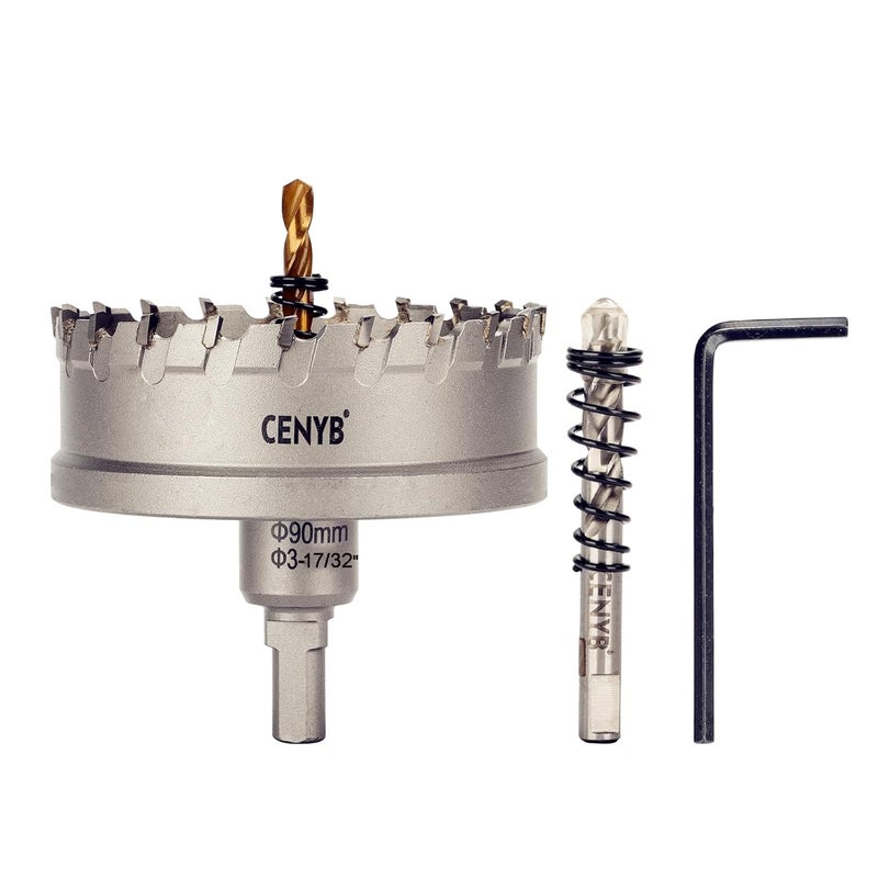 cenyb 3-17/32" (90mm) Tungsten Carbide Tipped Hole Saw with 2Pcs Titanium-Plated Pilot Drill Bits for Hard Metal,Stainless Steel,Iron,Aluminum Alloy,Wood and Plastic - Image 1